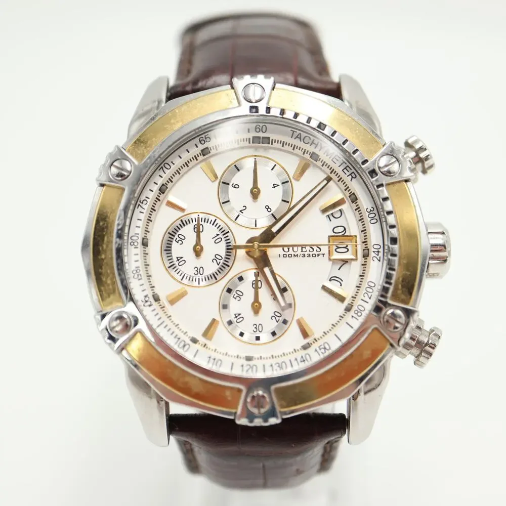 Guess Two Tone Split Second Chronograph 46mm Watch Brown Leather w New Battery - Picture 4 of 16